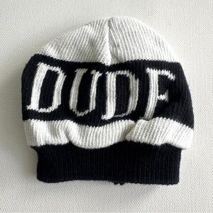 Boy’s Black and White Hat with word “DUDE”.  Size 0-6M.